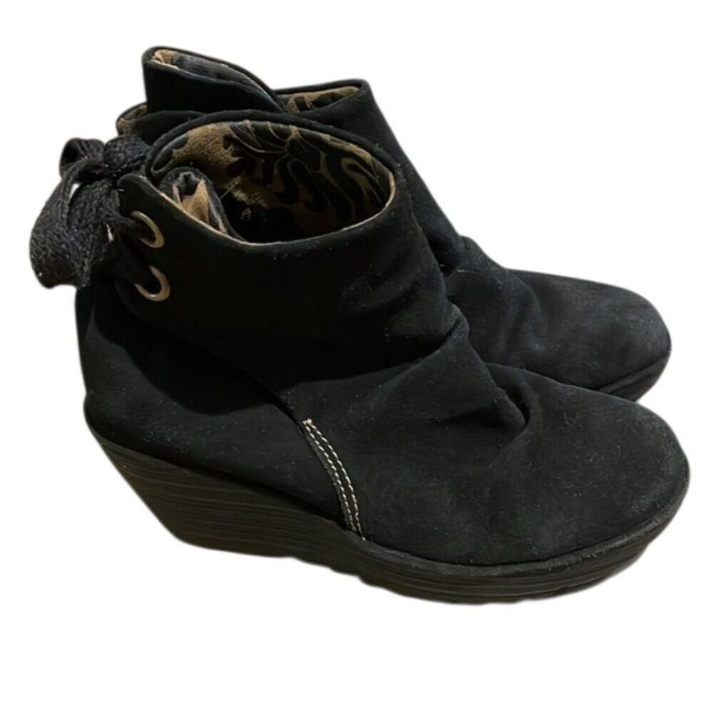 Fly London Yama Mid Wedge Black Suede Ankle Boot Shoe Womens Size EU 38 US 7.5-8